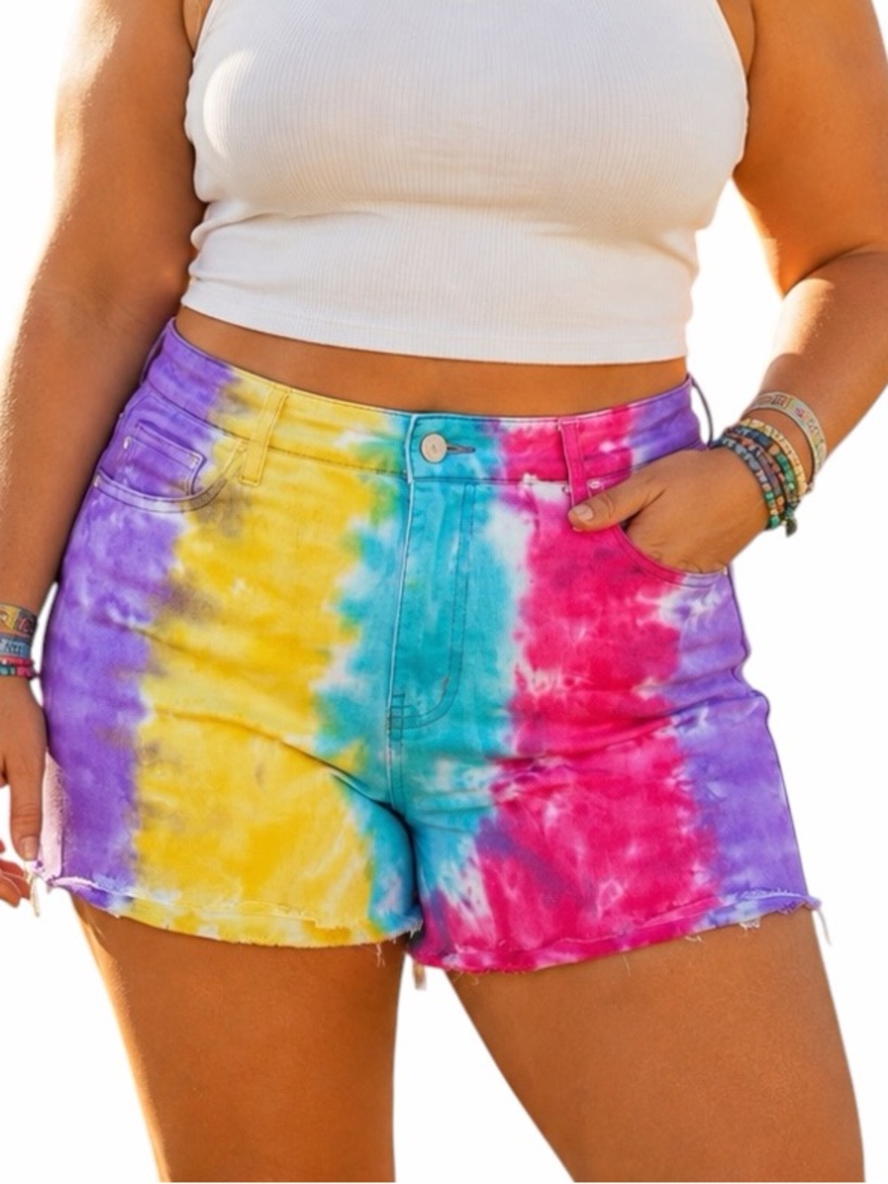 NWT Judy Blue 1XL Colorful Tie-Dye High Waist Denim Shorts Summer Festival